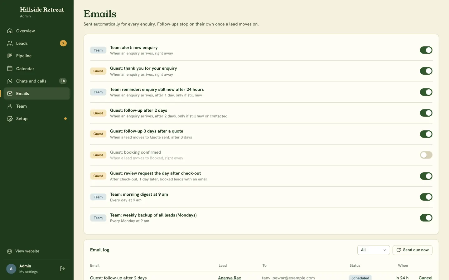 Automatic guest and team emails in the hotel admin