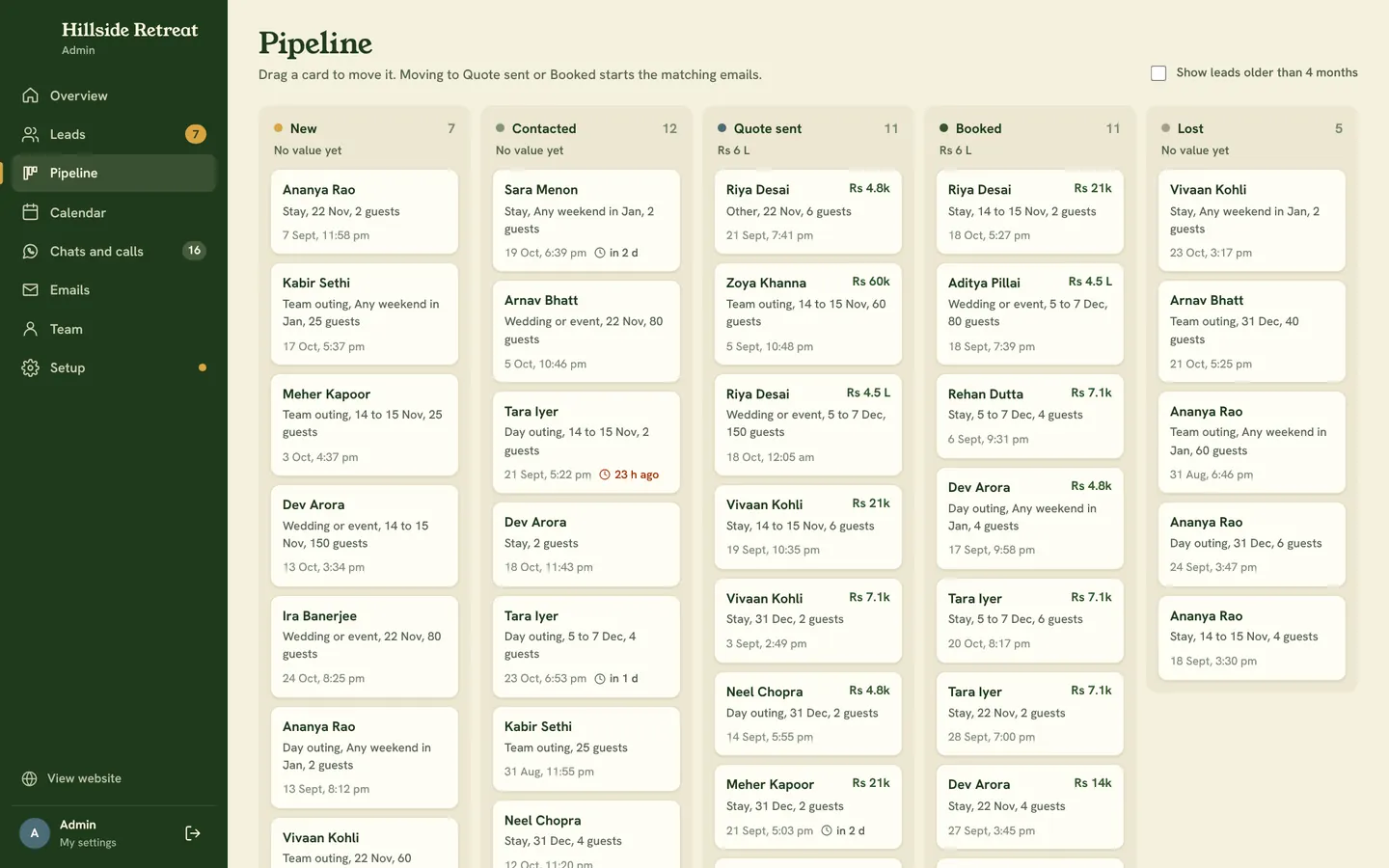 Hotel CRM pipeline with sample leads